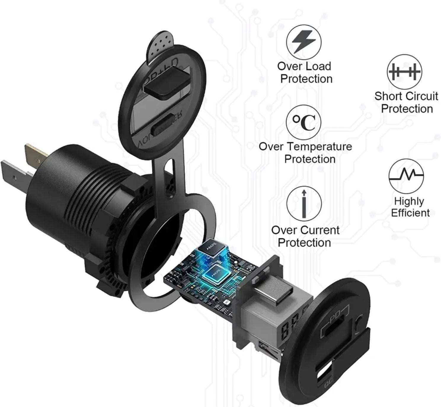 18W 12V/24V snabbladdare Dubbel USB / C uttag PD3.0 & QC3.0 LED-voltmätare, på/av-brytare - Landgren Dynamics