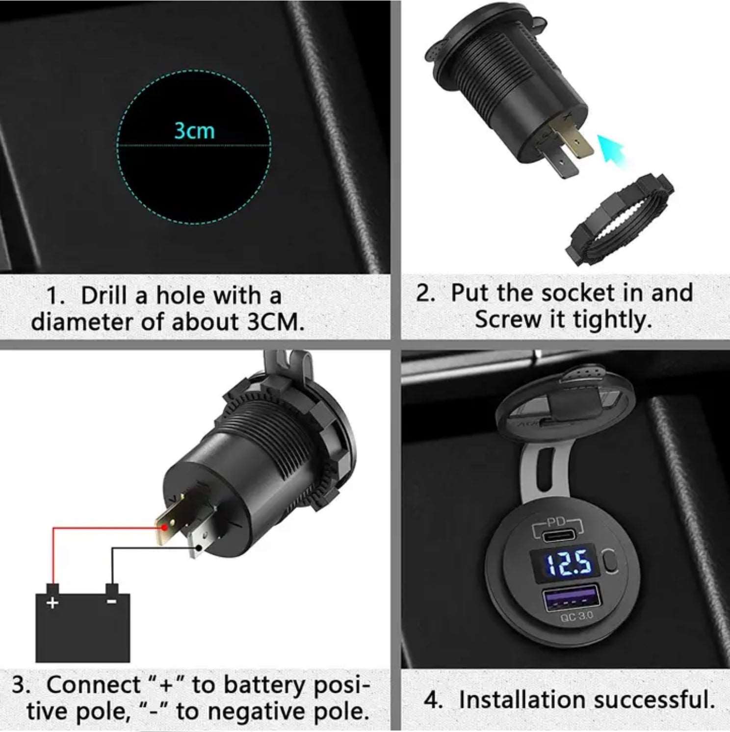 18W 12V/24V snabbladdare Dubbel USB / C uttag PD3.0 & QC3.0 LED-voltmätare, på/av-brytare - Landgren Dynamics